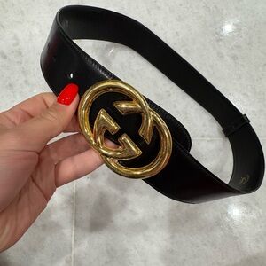 Black Leather Belt with Gold Buckle